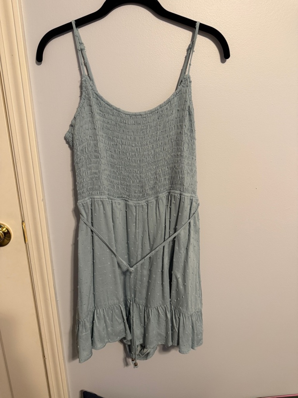 Light Blue Smocked Romper with Tie Waist